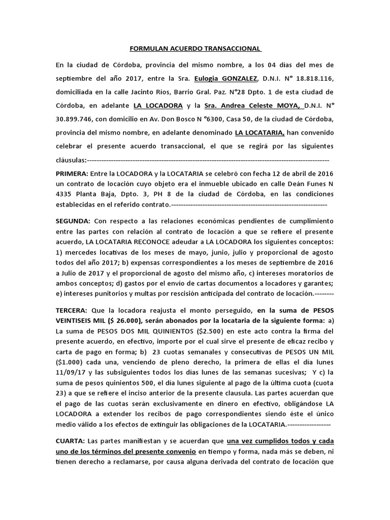 Acuerdo Transaccional de Locación Córdoba | PDF | Justicia | Crimen y ...