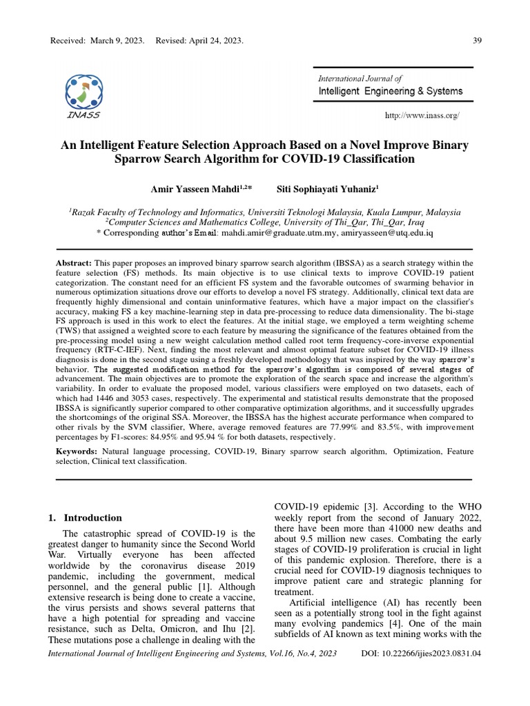 An Intelligent Feature Selection Approach Based On A Novel Improve ...