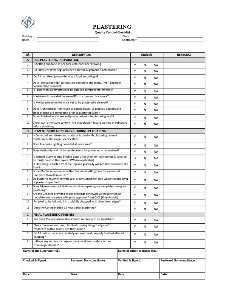 Plastering Quality Control Checklist | PDF