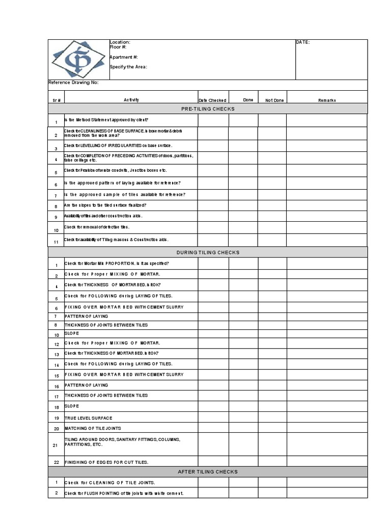 Tile Installation Inspection Checklist | PDF | Tile | Masonry