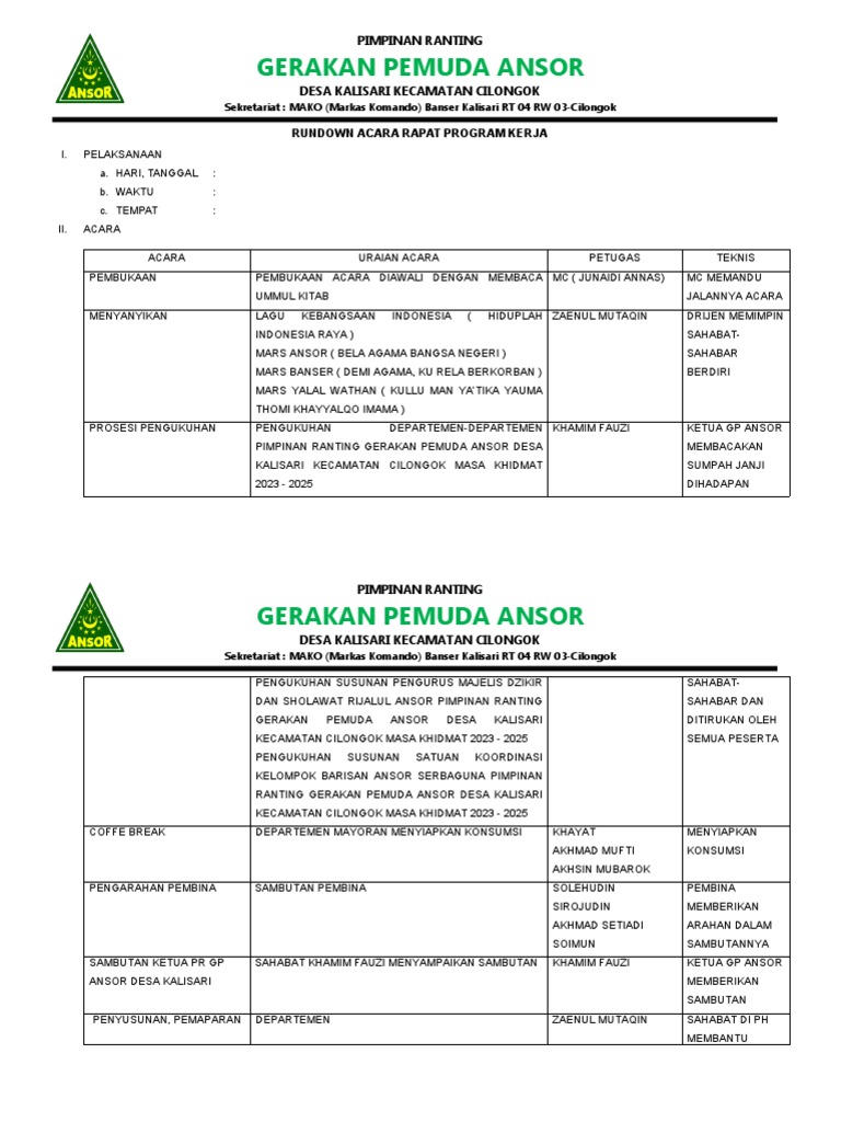 Rundown Rapat Kerja Ansor Kalisari | PDF
