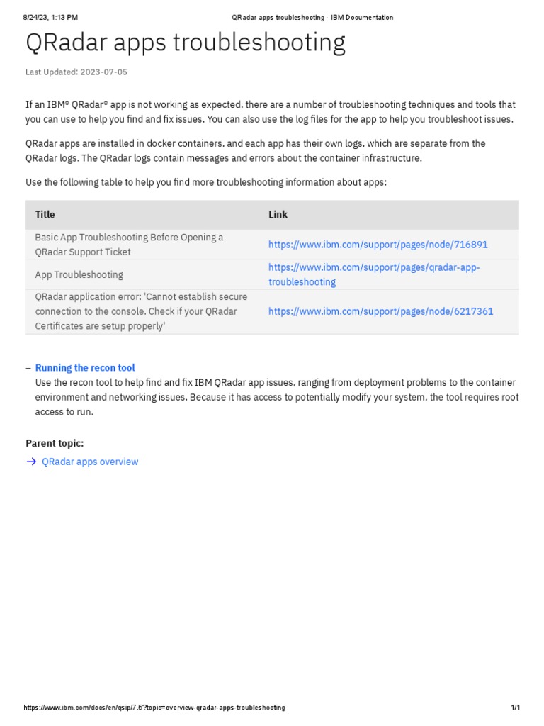 QRadar Apps Troubleshooting - IBM Documentation | PDF