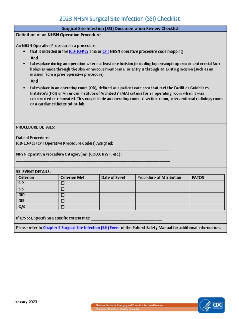 2023 NHSN Surgical Site Infection Checklist | PDF | Science & Mathematics