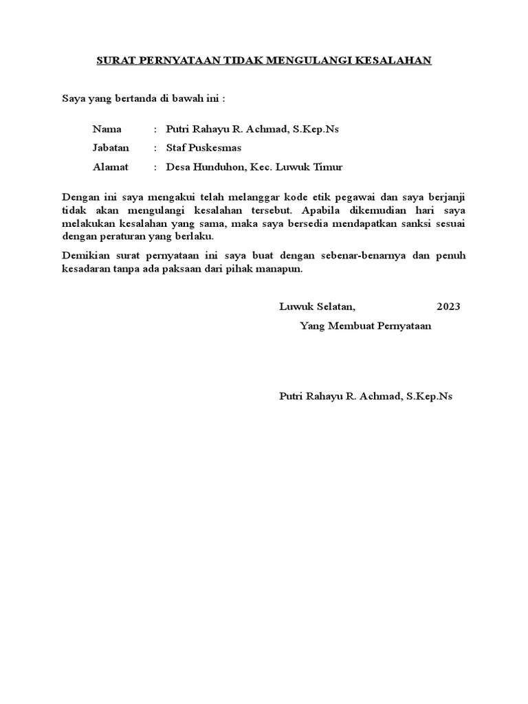 Surat Pernyataan Tidak Mengulangi Kesalahan | PDF
