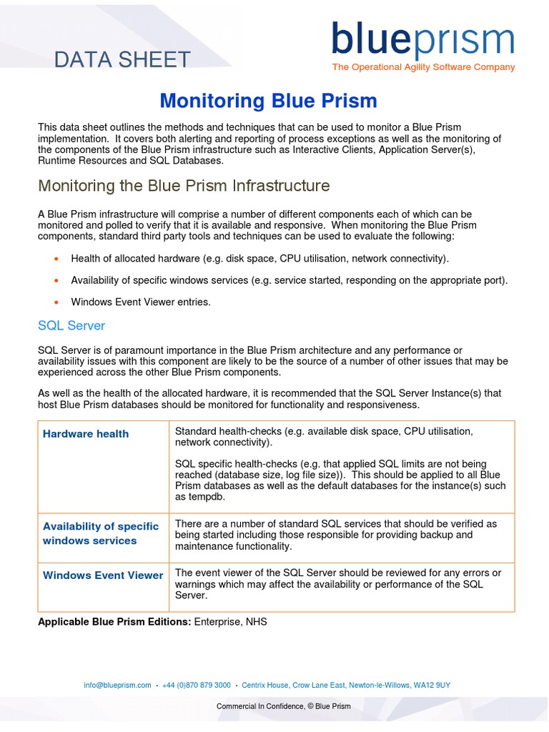Blue Prism Data Sheet Monitoring PDF Databases Microsoft Sql Server
