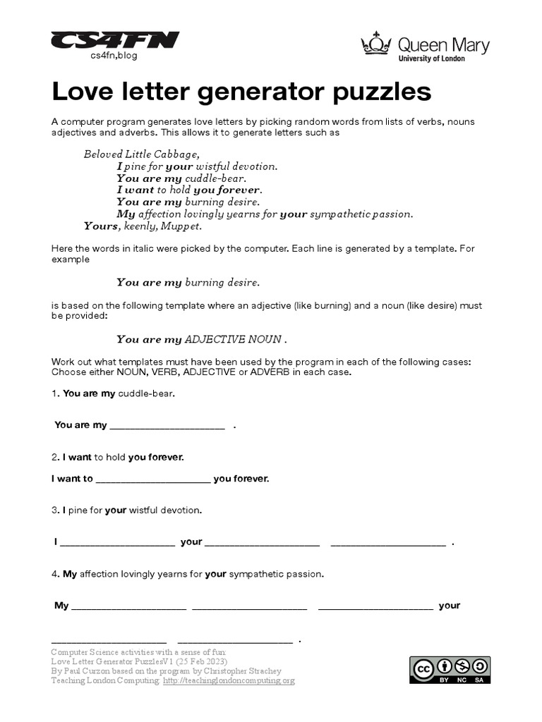 Love Letter Generator Puzzles Beloved Little Cabbage PDF Adjective