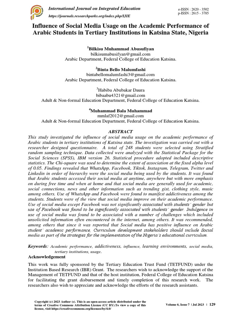 Influence of Social Media Usage On The Academic Performance of Arabic ...