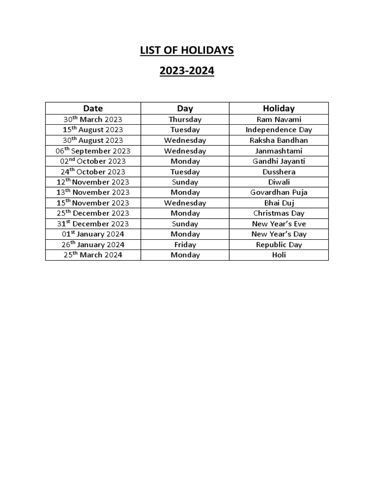 20232024 Holiday List PDF