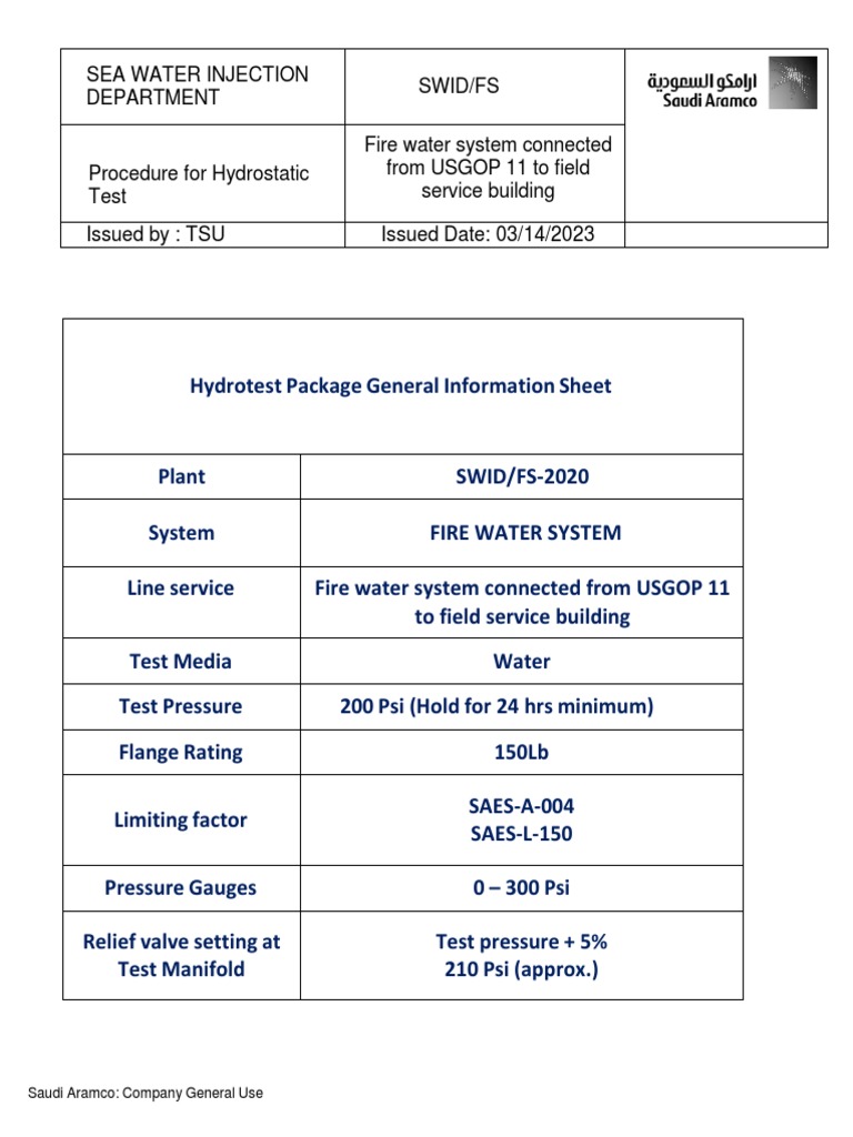 Hydrostatic Testing Procedure for Fire Water System | PDF | Valve ...