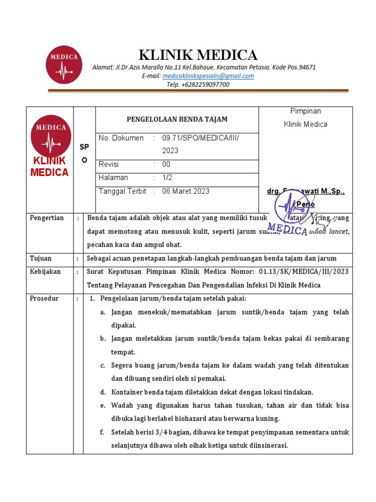 SPO Pengelolaan Benda tajam | PDF