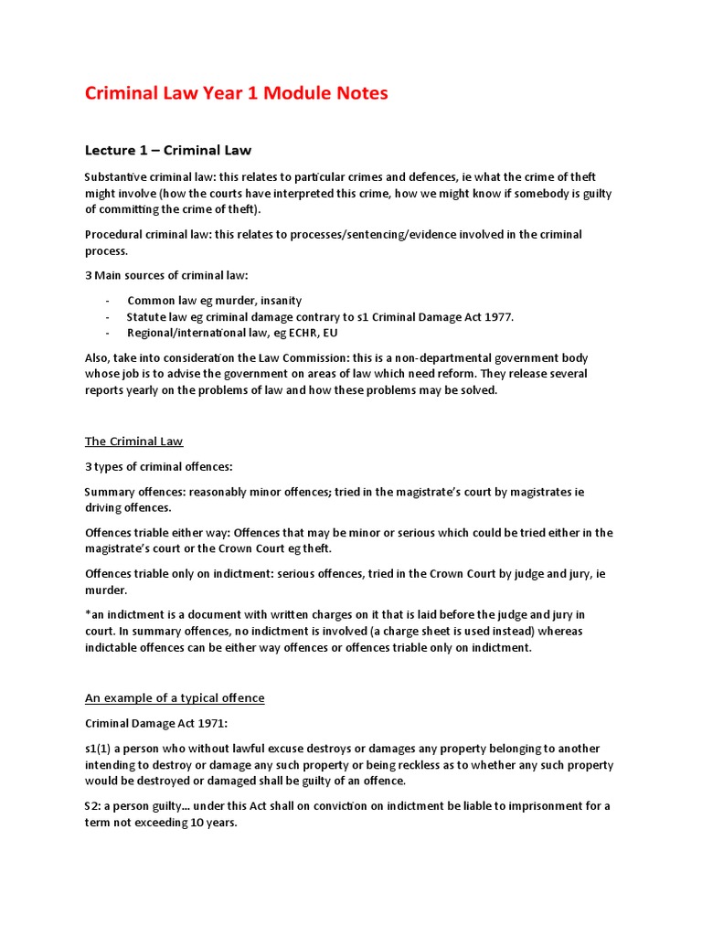 Criminal Law Year 1 Module Notes Pdf Mens Rea Prosecutor
