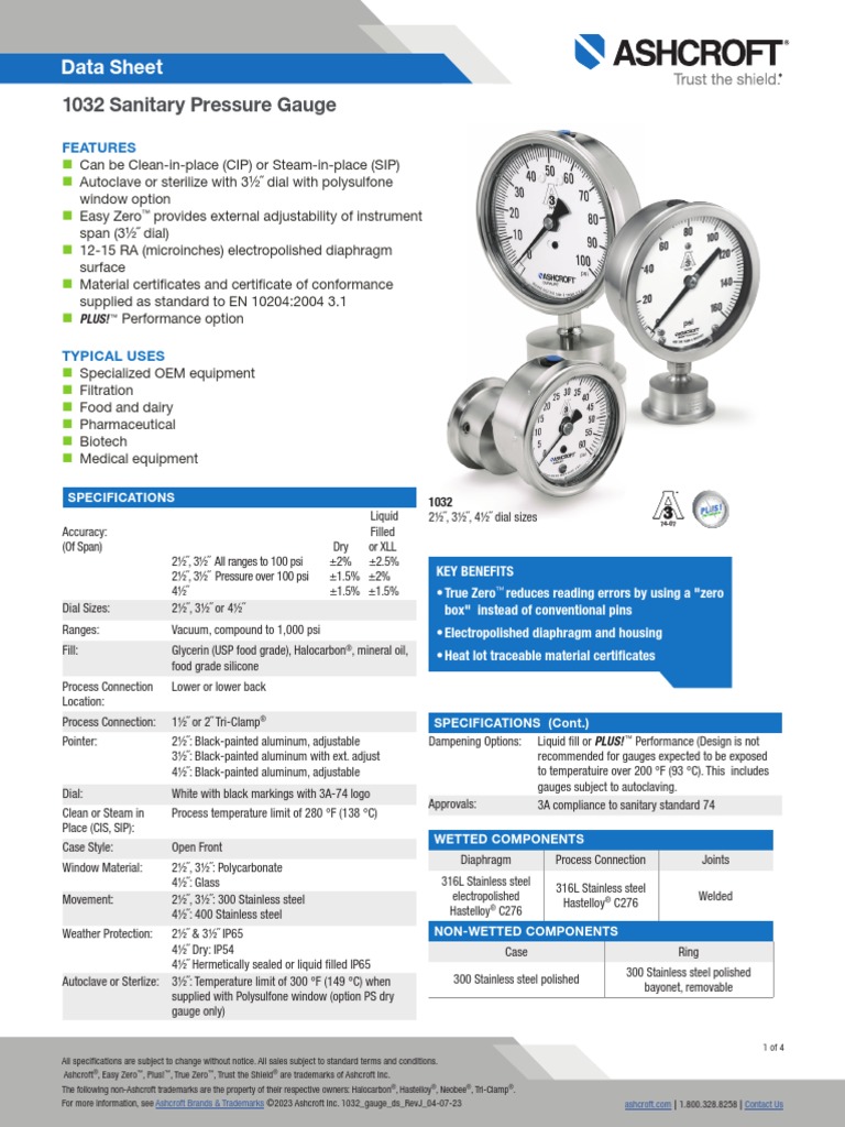 datasheetsanitarypressuregauge1032 PDF