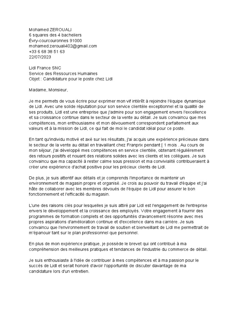 Lettres De Motivation Lidl | PDF