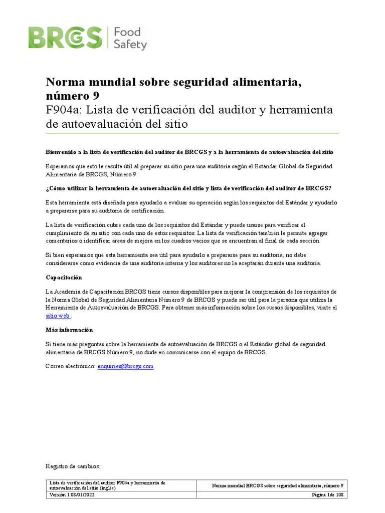 Herramienta de Autoevaluación BRCGS V9 | PDF