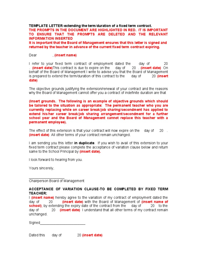 Teacher Template Letter Extending Fixed Term Contract | PDF