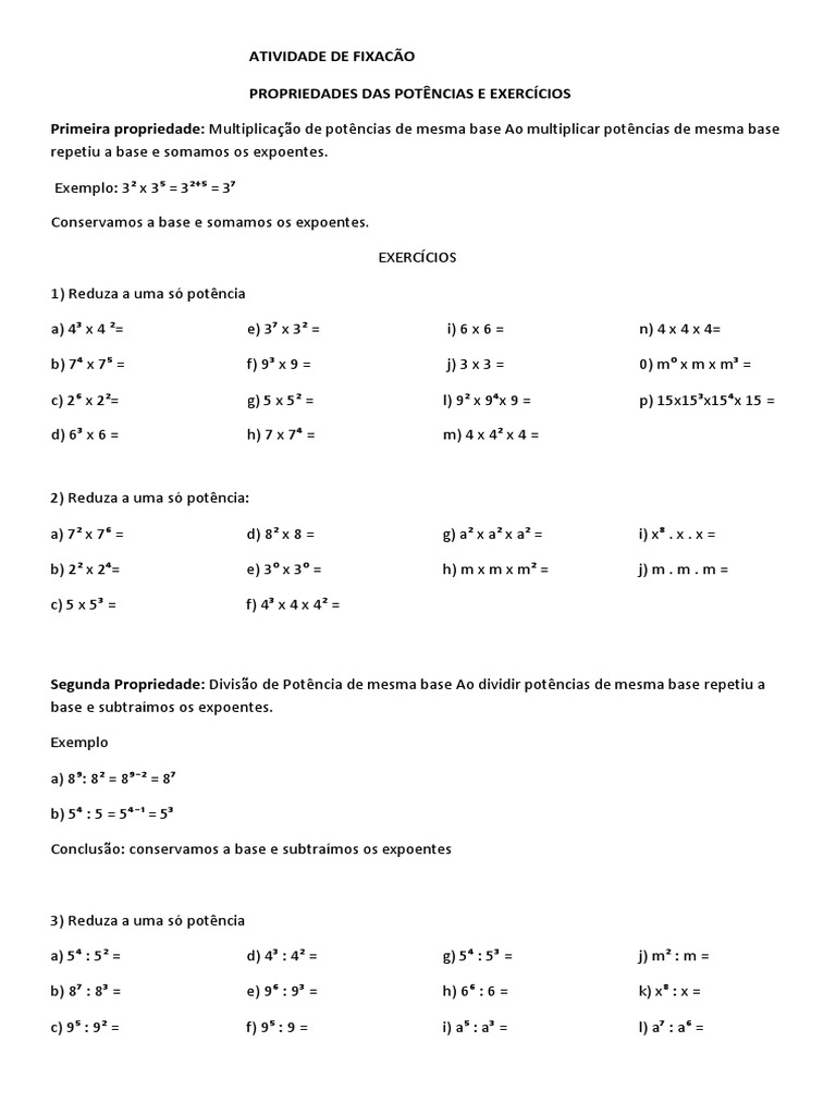 Atividade de Fixação de Propriedade Das Potenciaçao | PDF ...