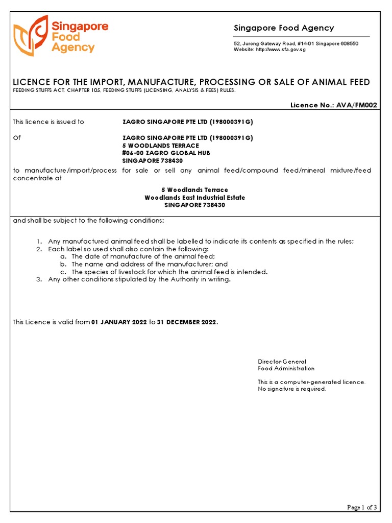 SFA Licence To Manufacture and Process of Animal Feed 2022 PDF
