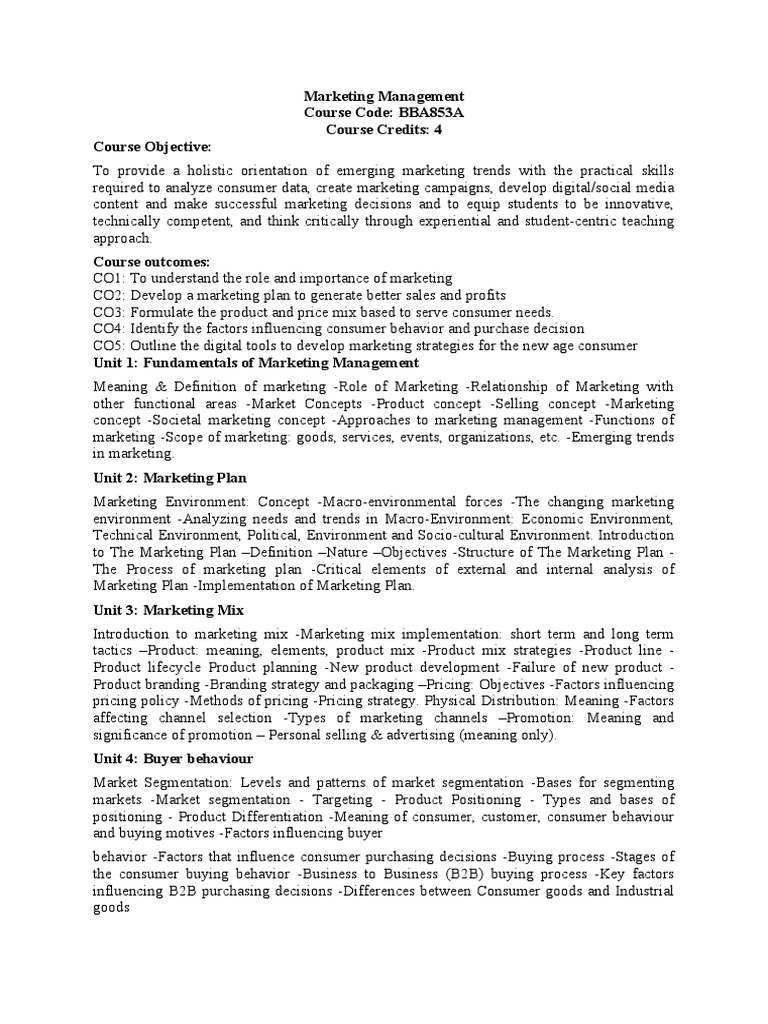 Marketing Management Syllabus | PDF