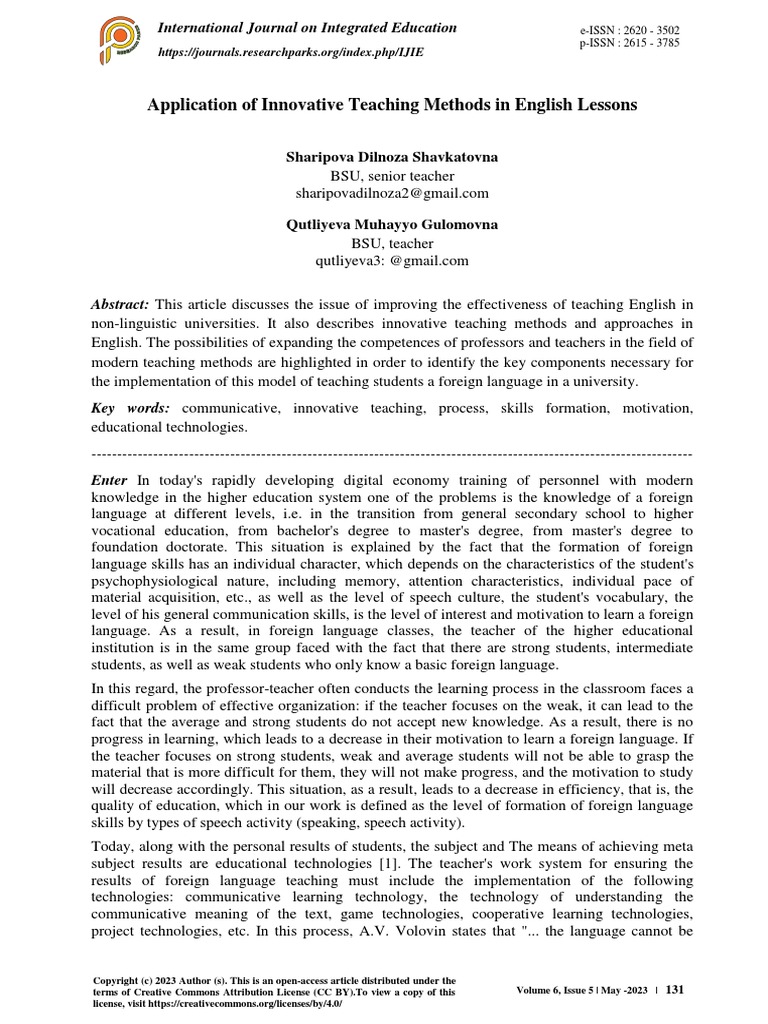 Application of Innovative Teaching Methods in English Lessons PDF