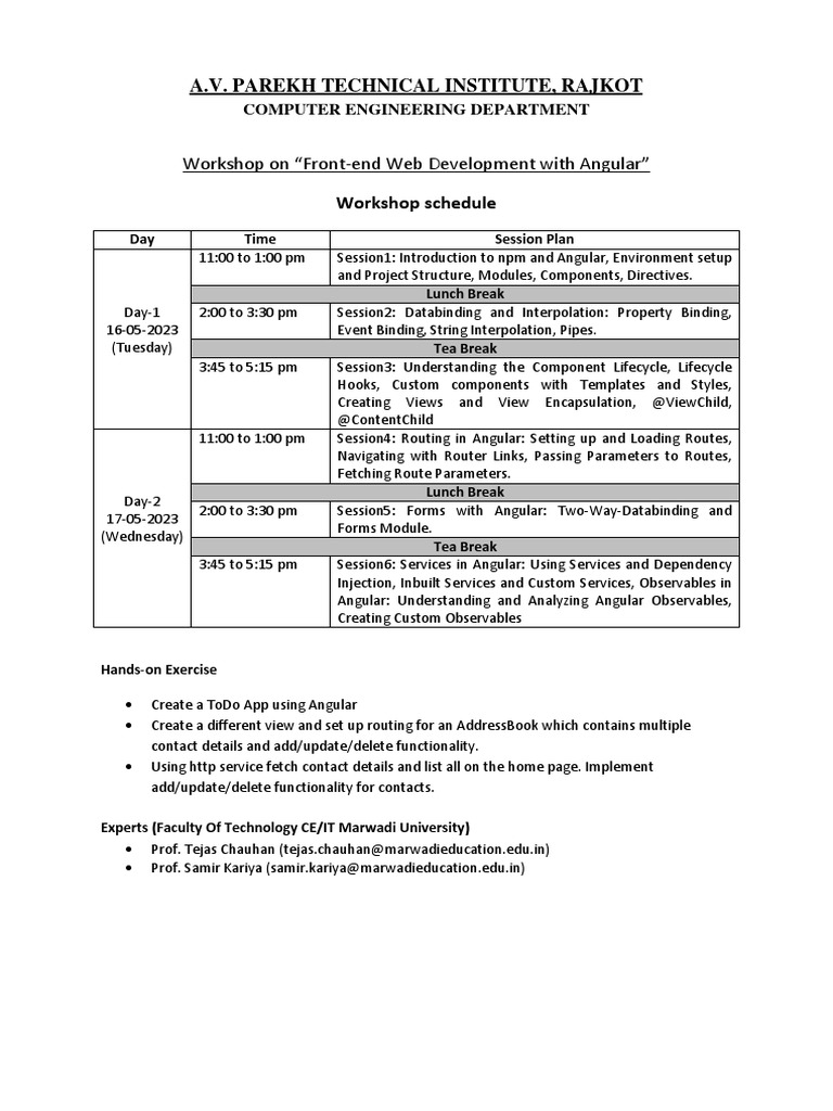 Angular Workshop Schedule | PDF | Software Engineering | Computer Science