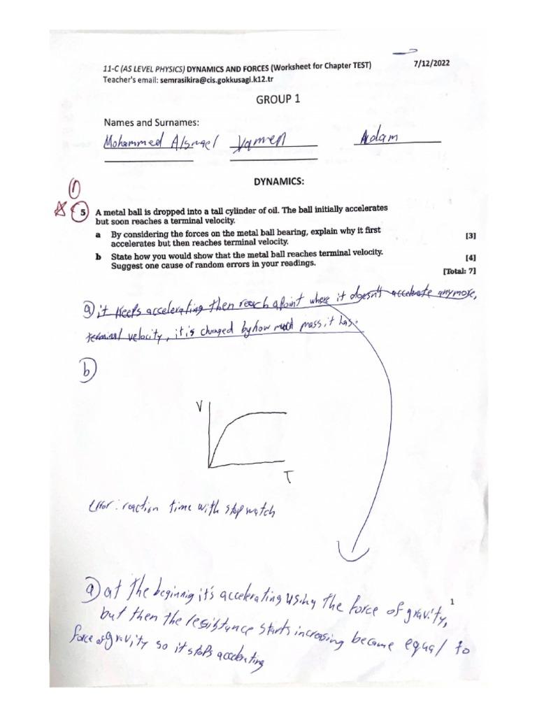 11c (as Level Physics) Dynamics and Forces (Worksheet for Chapter Test