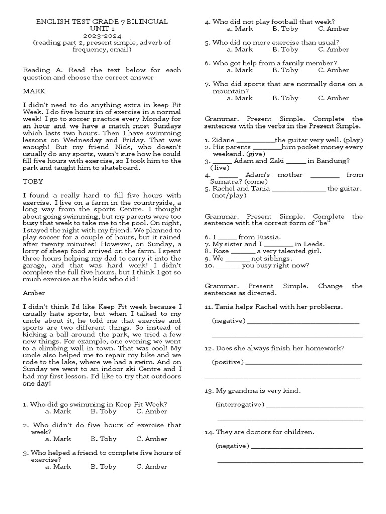 English Test Unit 1 Grade 7 Bilingual Pdf