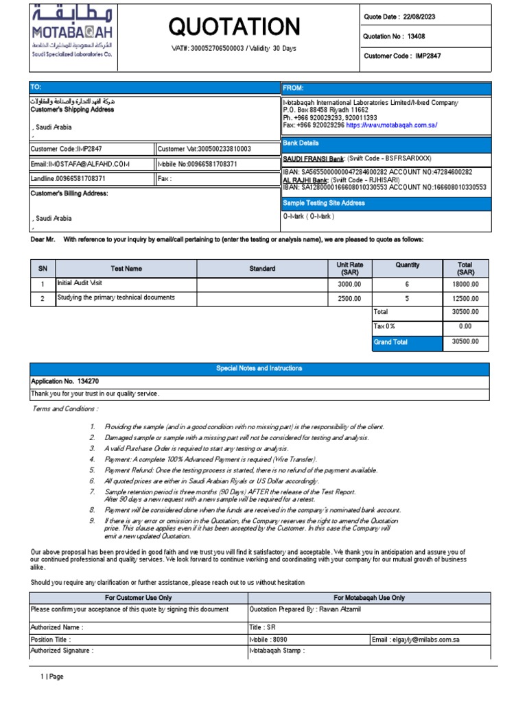 Technical Quotation for Testing Services | PDF