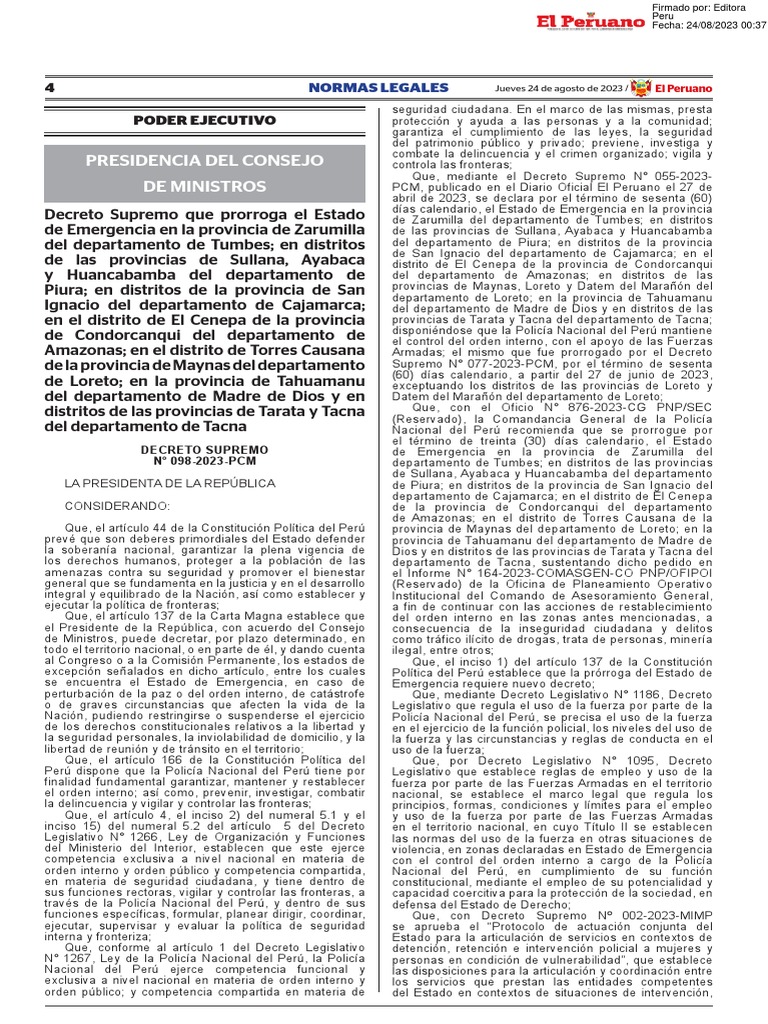 Decreto Supremo Que Prorroga El Estado De Emergencia En La P Decreto
