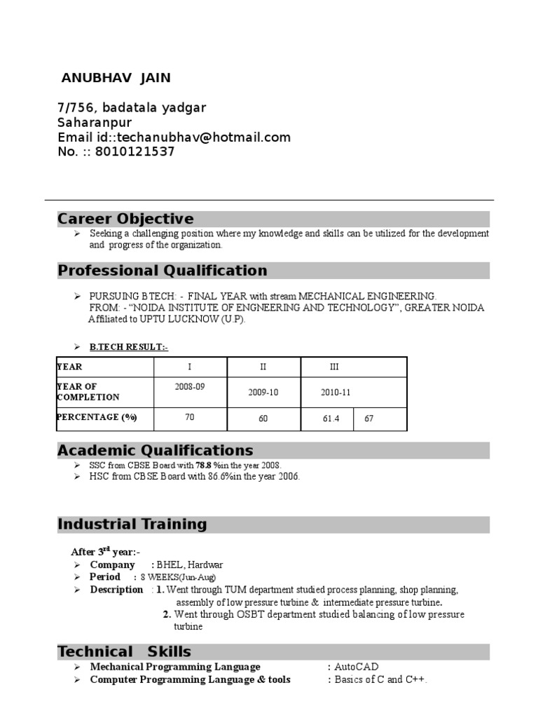 Mechanical Engineering B.Tech Resume | PDF