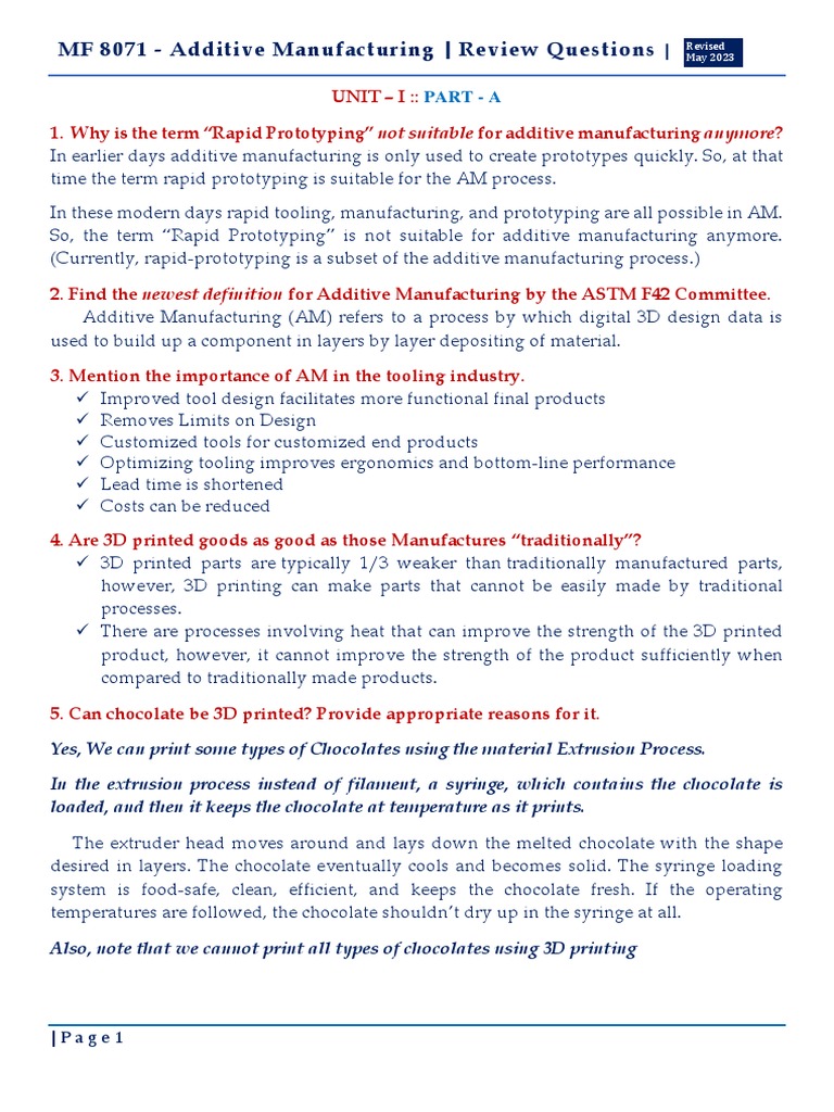 Additive Manufacturing Review Questions | PDF | 3 D Printing ...