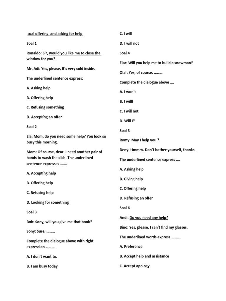 Soal Ulangan Asking For and Offering Help | PDF