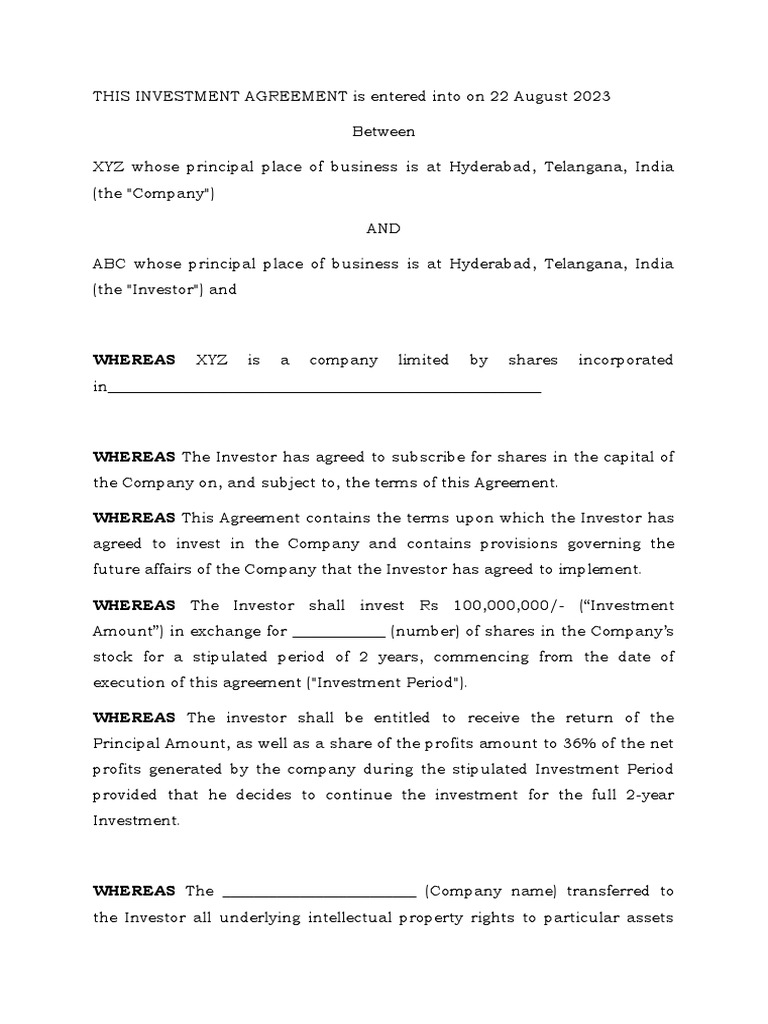 Investment Agreement- Sample | PDF