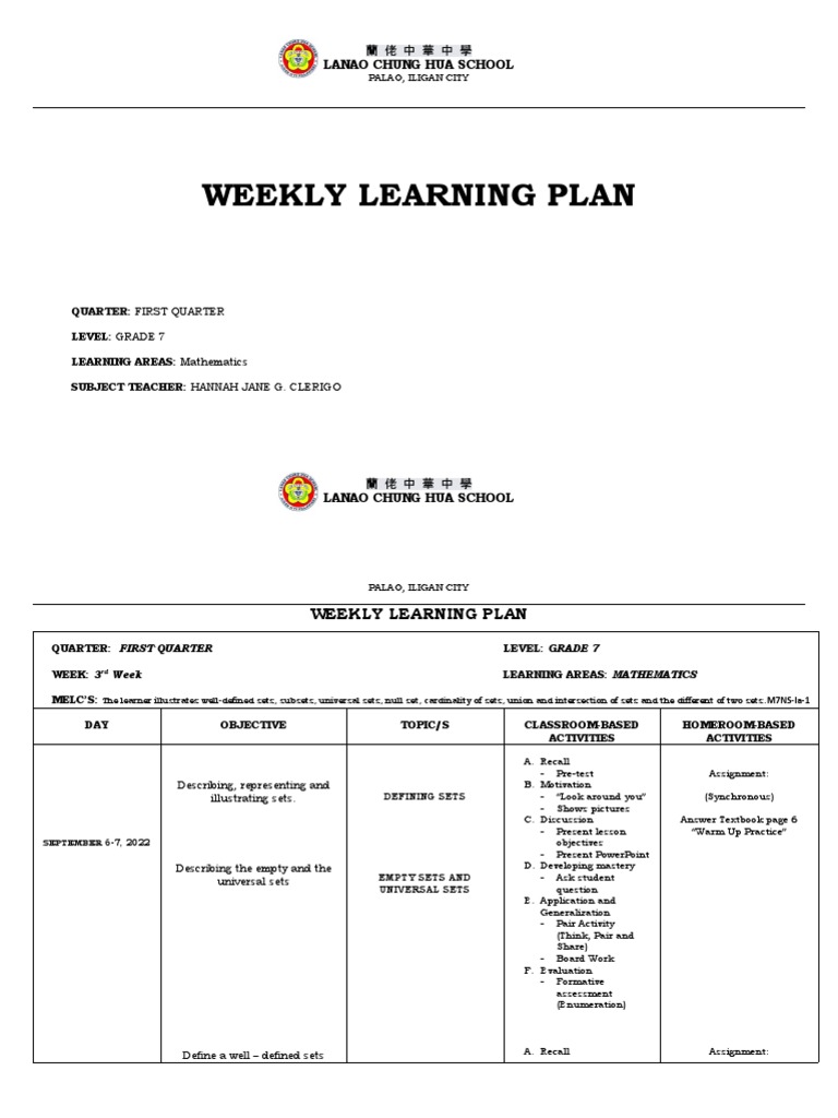 Math 7 Weekly Learning Plan PDF Curriculum Mathematics