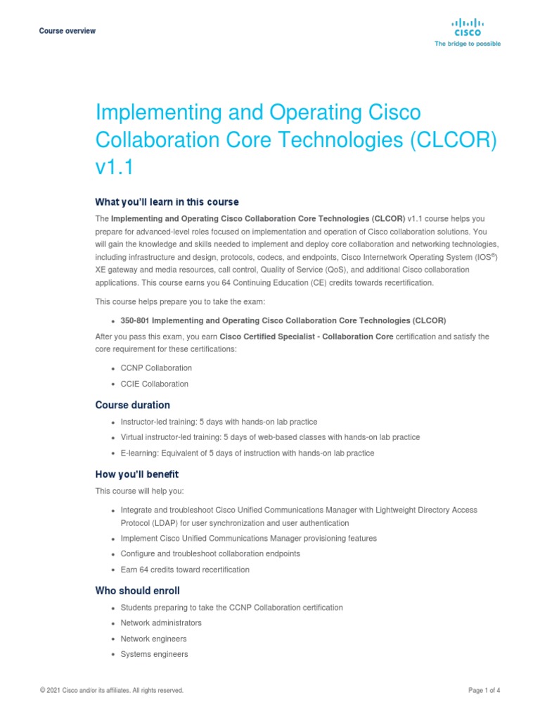 Implementing Cisco Collaboration Core Technologies Clcor | PDF ...