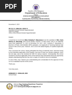 Request Letter for Substitute Teacher
