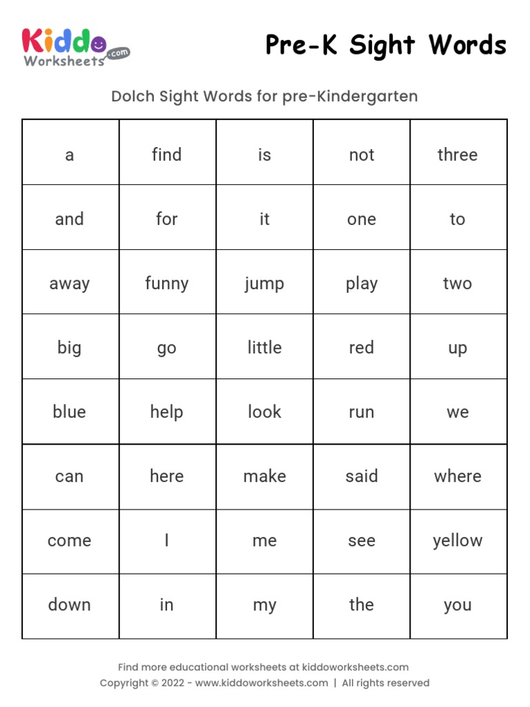 Sight Words Pre-K Worksheet | PDF