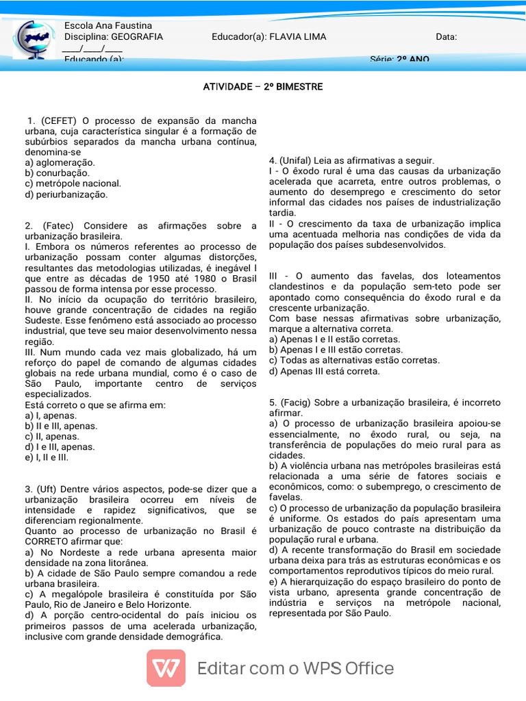 Atividade - 2º Bimestre - 2º Ano A, B, C, D - 2023 | PDF | Urbanização ...