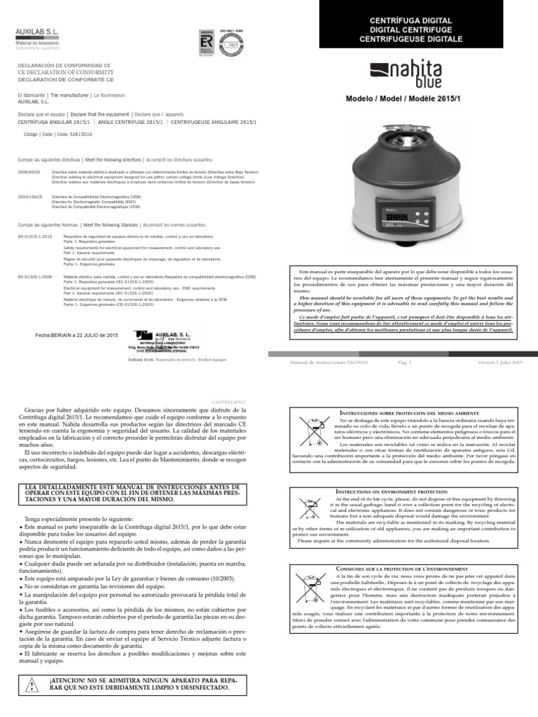 Manual de la Centrífuga Nahita 2615/1 | PDF