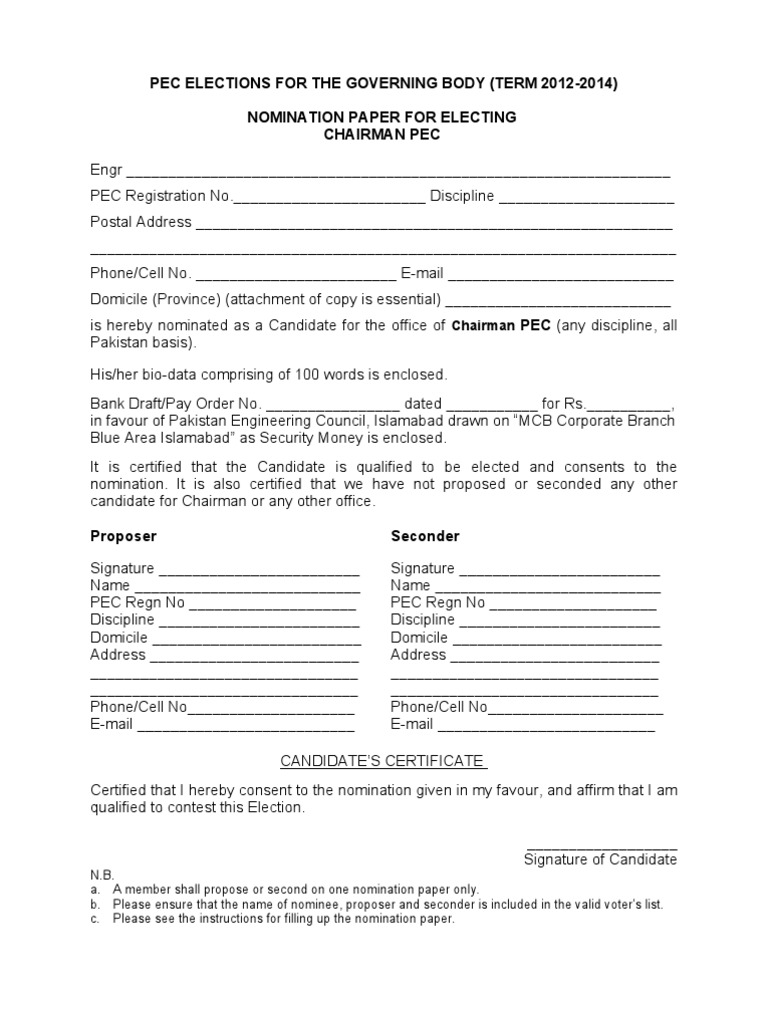PEC Chairman Nomination Process 2012-2014 | PDF