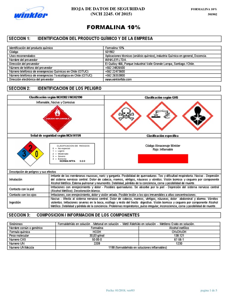Hoja de Seguridad: Formalina 10% | PDF