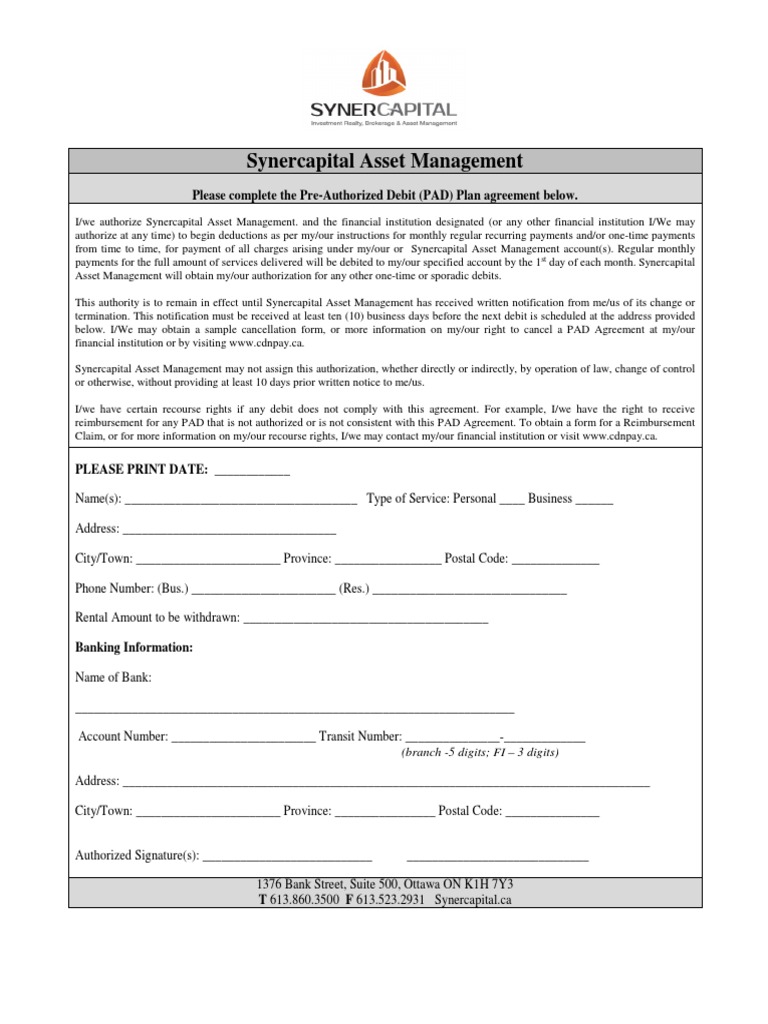 PAD Agreement Templat PDF Debit Card Banking