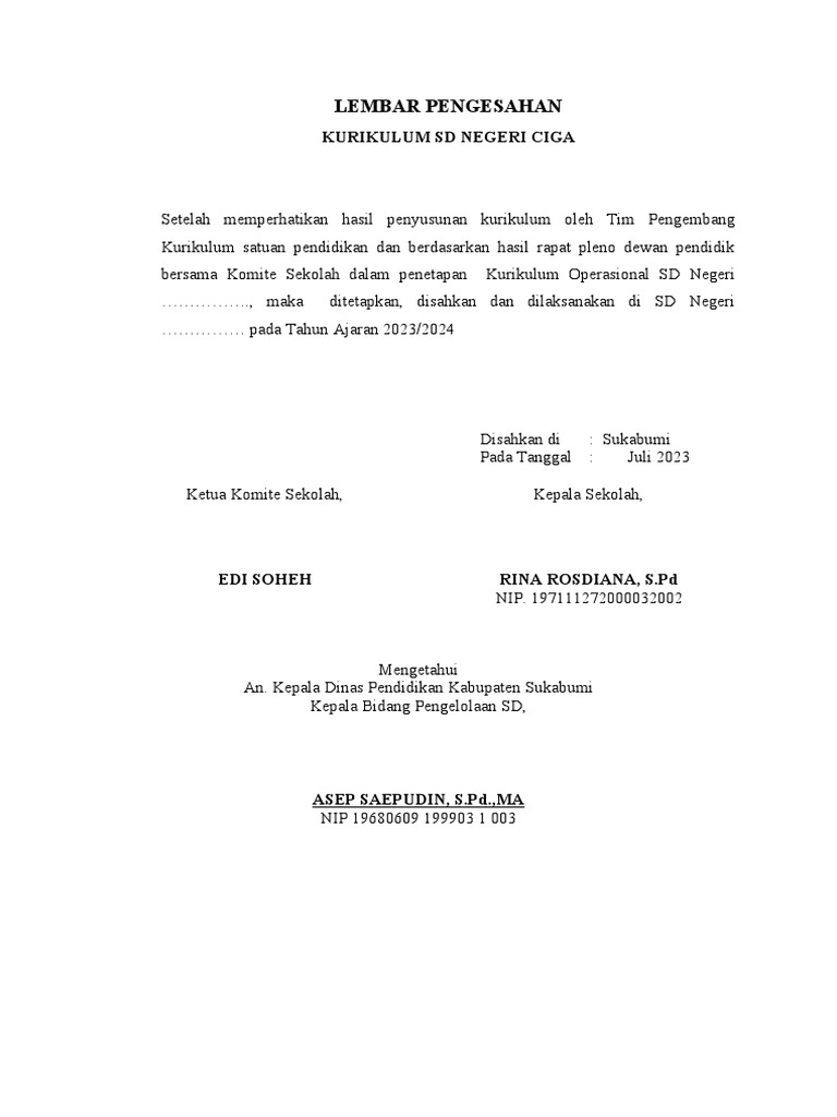 Lembar Pengesahan Kurikulum SD 2023 | PDF