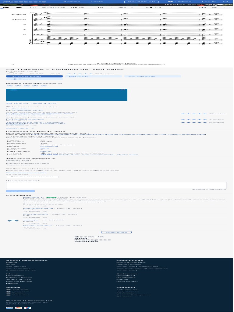 Partition pour piano et flûte à bec de Libiamo ne' lieti calici, disponible sur Scribd