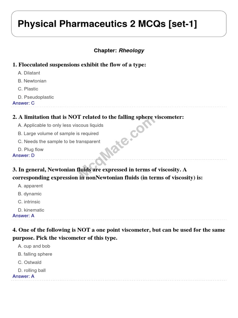 Physical Pharmaceutics 2 (Chapter Rheology) Solved MCQs (Set1) PDF Viscosity Rheology