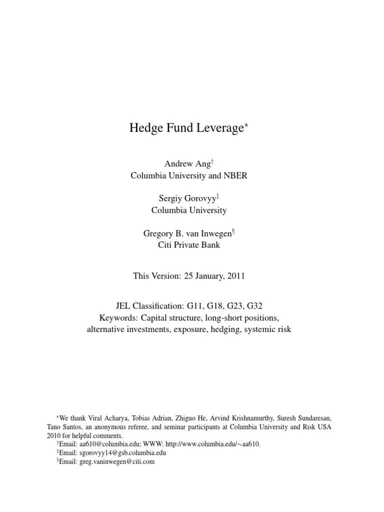 Hedge Fund Leverage Author Andrew Ang, Sergiy Gorovyy, Gregory B Van
