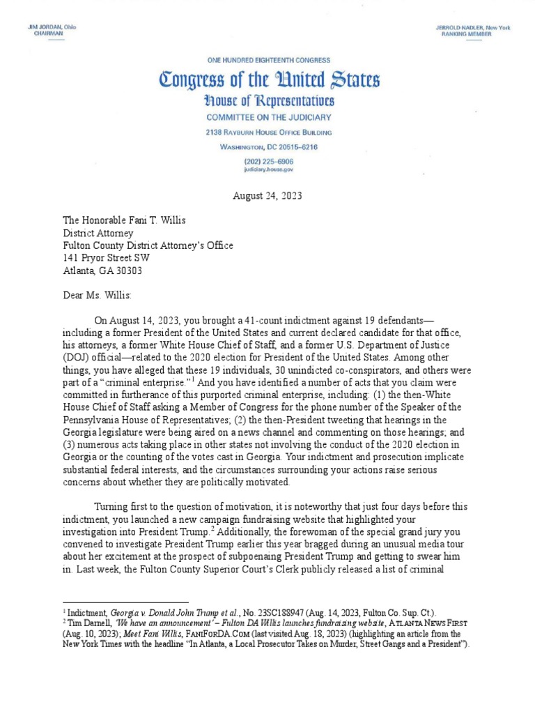 House Oversight Committee Letter To Fani Willis | PDF