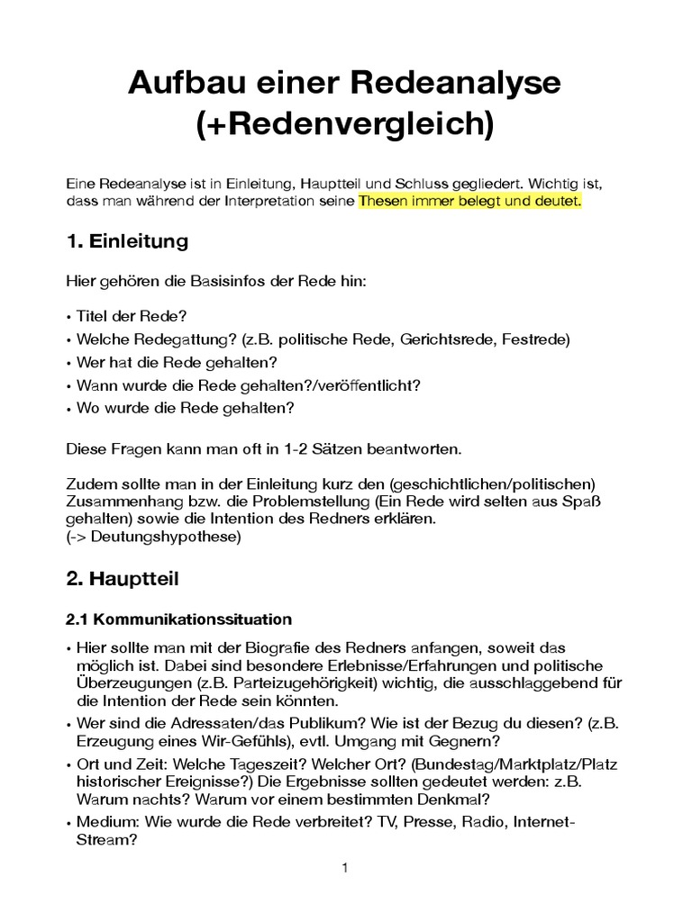 Aufbau Einer Redeanalyse ( redenvergleich) | PDF