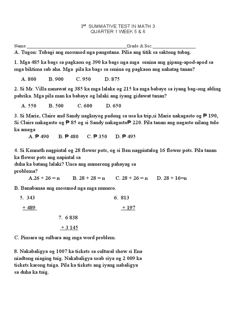3rd SUMMATIVE TEST IN MATH 3 - week 5&6 | PDF