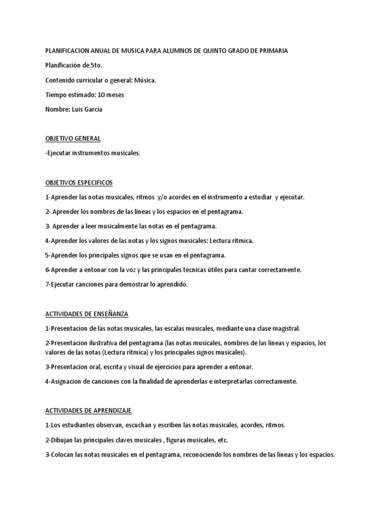 Planificación Musical para 5to Grado | PDF | Ritmo | Evaluación