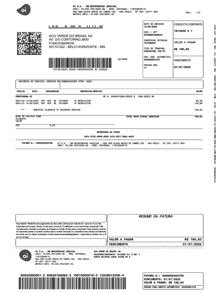 Fatura OI | PDF | Brasil | Business